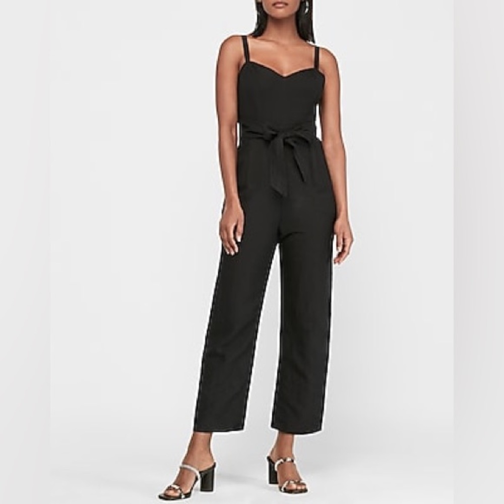 NWT Express Black Jumpsuit Linen-Blend Wrap Cross Back Vacation Cocktail Outfit